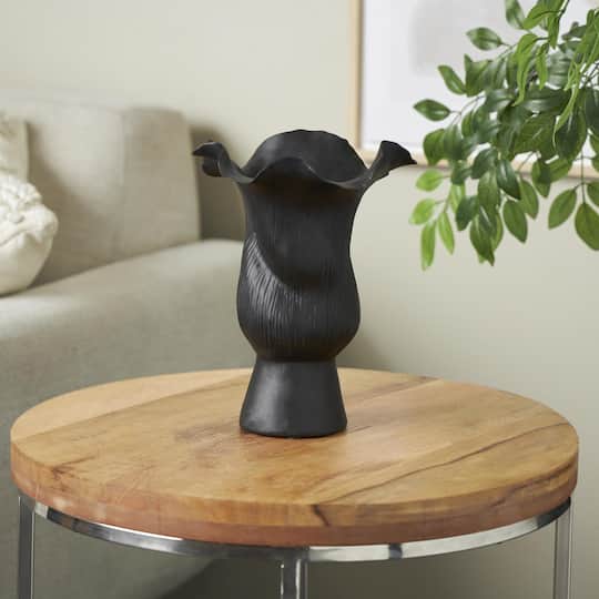 10.5" Black Ceramic Abstract Floral Vase with Linear Grooves
